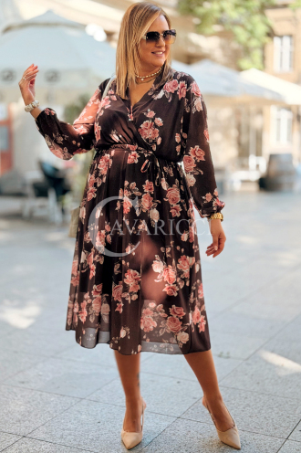 IDA Plus Size Blumenkleid mit Wickelausschnitt in Schokobraun