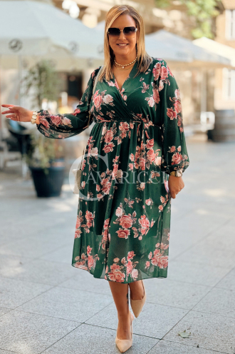 IDA Blumenkleid in Übergröße – Flaschengrün | Ausschnitt