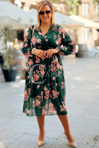 IDA Blumenkleid in Übergröße – Flaschengrün | Ausschnitt