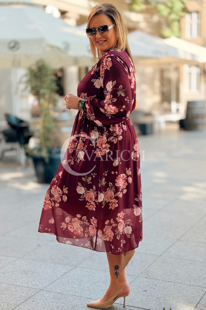 IDA Blumenkleid in Bordeauxrot mit Wickelausschnitt Plus Size