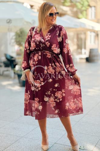 IDA Blumenkleid in Bordeauxrot mit Wickelausschnitt Plus Size