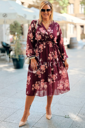 IDA Blumenkleid in Bordeauxrot mit Wickelausschnitt Plus Size