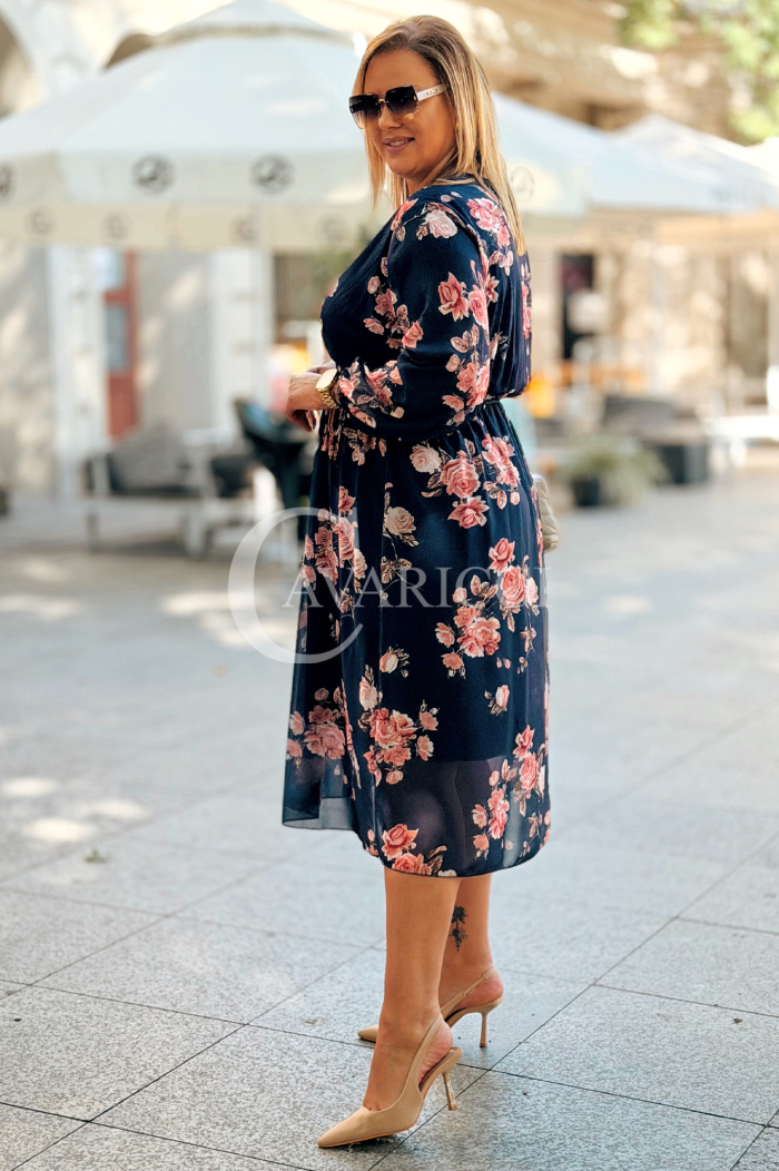 IDA Damenkleid mit Blumenmuster und Wickelausschnitt in Dunkelblau