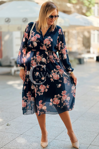 IDA Damenkleid mit Blumenmuster und Wickelausschnitt in Dunkelblau