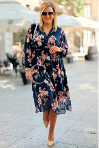 IDA Damenkleid mit Blumenmuster und Wickelausschnitt in Dunkelblau