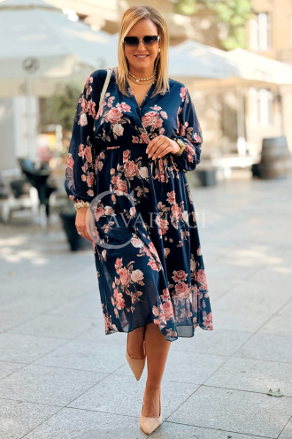 IDA Damenkleid mit Blumenmuster und Wickelausschnitt in Dunkelblau