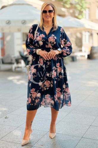 IDA Damenkleid mit Blumenmuster und Wickelausschnitt in Dunkelblau