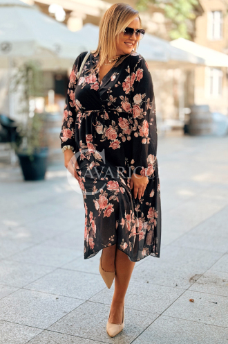 IDA Damenkleid mit Blumenmuster Wickelausschnitt Plus Size Schwarz