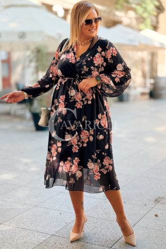 IDA Damenkleid mit Blumenmuster Wickelausschnitt Plus Size Schwarz