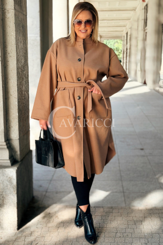 MELITTA Langer Flauschmantel Beige mit Taschen & Stehkragen