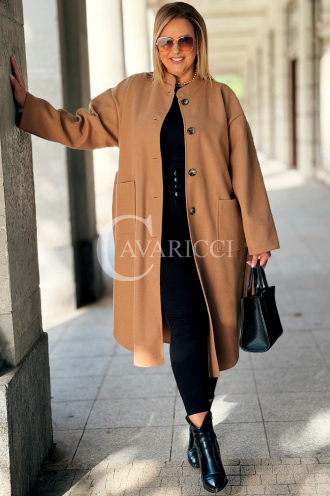 MELITTA Langer Flauschmantel Beige mit Taschen & Stehkragen