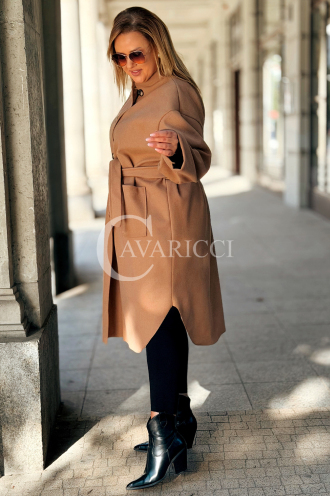 MELITTA Langer Flauschmantel Beige mit Taschen & Stehkragen