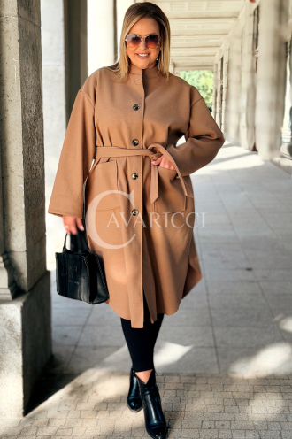 MELITTA Langer Flauschmantel Beige mit Taschen & Stehkragen