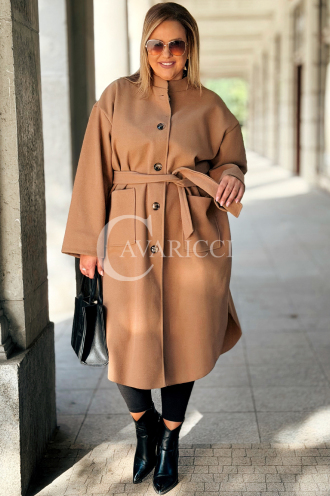 MELITTA Langer Flauschmantel Beige mit Taschen & Stehkragen