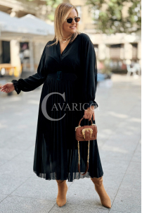 KORNELIA Plissee-Kleid mit langen Ärmeln | Plus Size Schwarz