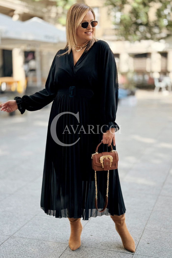 KORNELIA Plissee-Kleid mit langen Ärmeln | Plus Size Schwarz