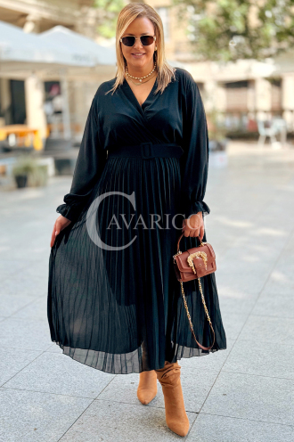 KORNELIA Plissee-Kleid mit langen Ärmeln | Plus Size Schwarz