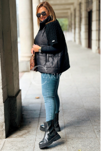 Schwarze Steppweste Plus Size mit Strickärmeln & Taschen