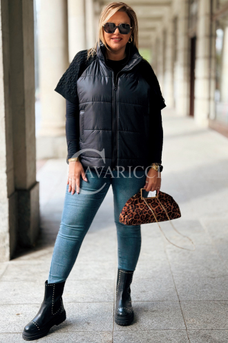 Schwarze Steppweste Plus Size mit Strickärmeln & Taschen