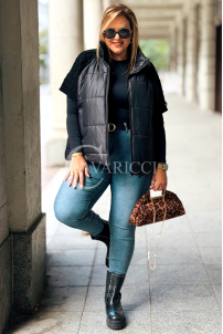 Schwarze Steppweste Plus Size mit Strickärmeln & Taschen