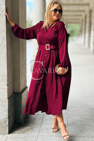 MIA Elegantes Plus Size Kleid Bordeaux mit Gürtel & Kragen