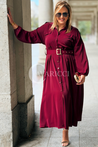 MIA Elegantes Plus Size Kleid Bordeaux mit Gürtel & Kragen