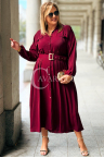 MIA Kleid Plus Size Lang Mit Gürtel Knöpfe Kragen in Bordeauxrot