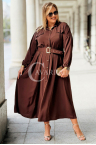 MIA Kleid Plus Size Lang Mit Gürtel Knöpfe Kragen in Schokoladenfarbe