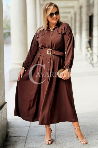 MIA Elegantes Langkleid Plus Size Schokolade mit Gürtel