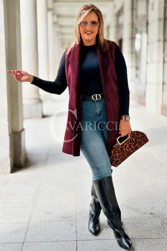 Warme Damen Weste Plussize Bordeaux Lammfell Lang