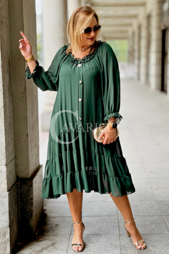 LIPPY Langes Plus Size Chiffon-Kleid in Flaschengrün