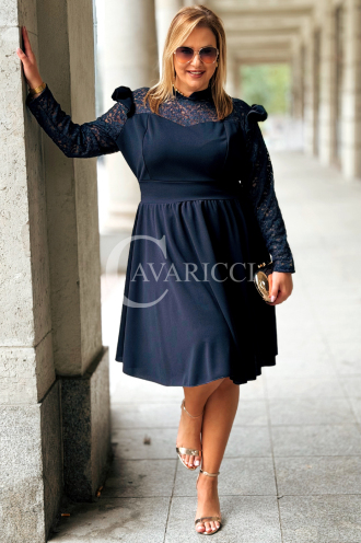 LARA Elegantes Plus Size Kleid mit Spitzenärmel Marineblau