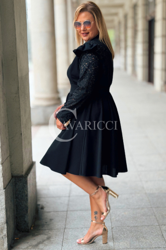 LARA Elegantes Plus Size Kleid mit Spitzenärmeln Schwarz