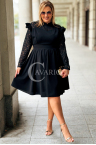LARA Elegantes Kleid in Übergrößen mit Stehkragen und Spitzenärmel in Schwarz