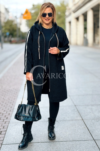 Schwarzer Boucle-Mantel Plus Size mit Kapuze | SARAH