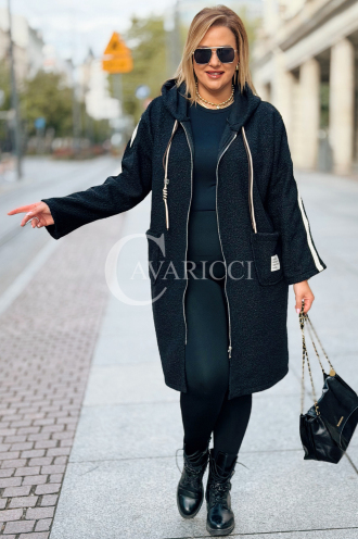 Schwarzer Boucle-Mantel Plus Size mit Kapuze | SARAH