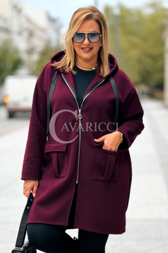 Bordeaux Kapuzen-Sweatjacke Plus Size mit Reißverschluss
