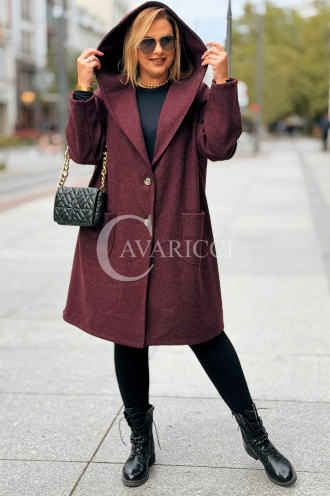 Bordeaux Flauschmantel Plus Size mit Kapuze & Taschen
