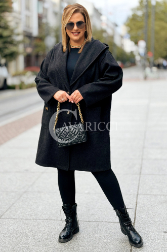 Schwarzer Fleece-Mantel Plus Size mit Kapuze