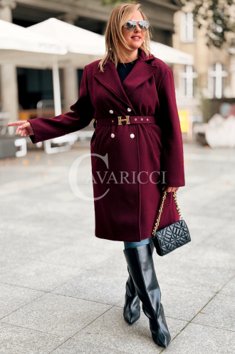 HERMESSA Mantel Plus Size Bordeaux mit Gürtel und Knöpfen