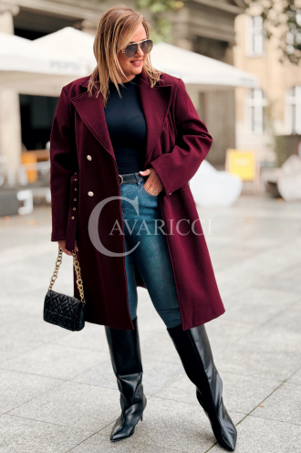 HERMESSA Mantel Plus Size Bordeaux mit Gürtel und Knöpfen