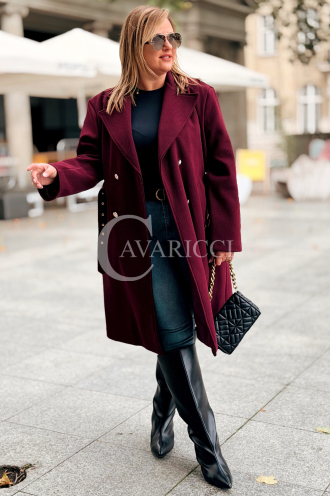 HERMESSA Mantel Plus Size Bordeaux mit Gürtel und Knöpfen