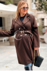 HERMESSA Mantel Plus Size Mit Knöpfen Taschen und Bindegürtel in Schokoladenbraun