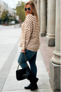 NADINE Plus Size Streifenpullover mit V-Ausschnitt | Karamell