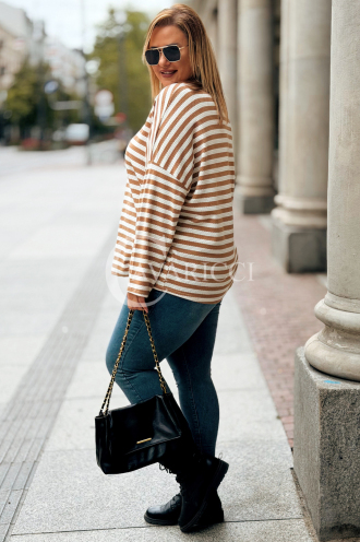 NADINE Plus Size Streifenpullover mit V-Ausschnitt | Karamell