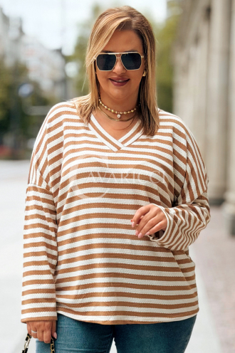 NADINE Plus Size Streifenpullover mit V-Ausschnitt | Karamell