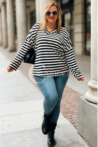 NADINE Damen Pullover Plus Size Gestreift mit V-Ausschnitt