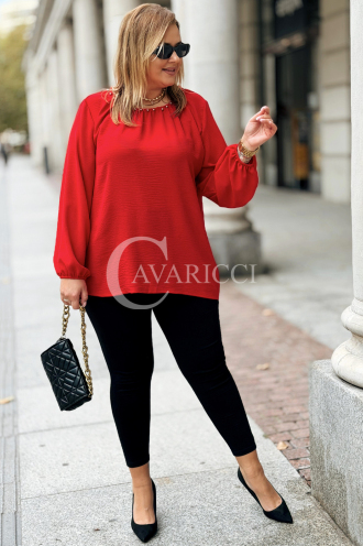 TABEA Damen Bluse Plus Size Elegant Mit Perlen in Rot