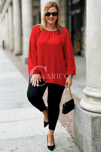 TABEA Damen Bluse Plus Size Elegant Mit Perlen in Rot