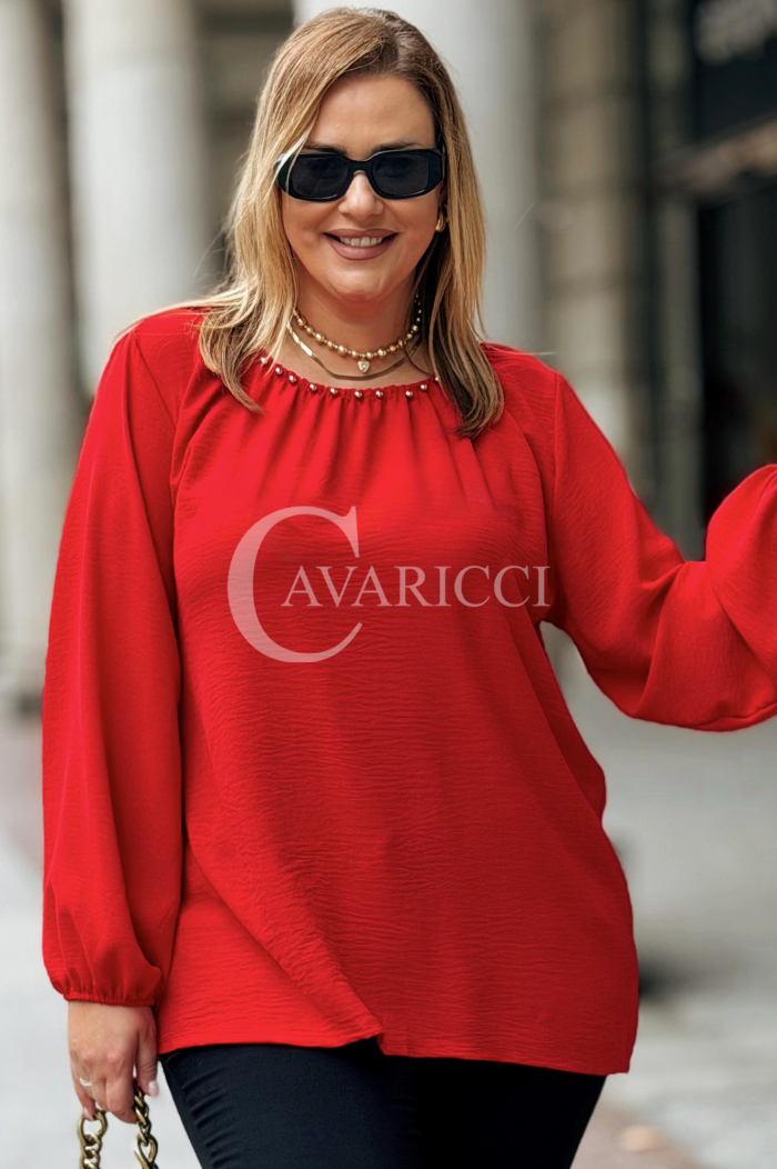 TABEA Damen Bluse Plus Size Elegant Mit Perlen in Rot